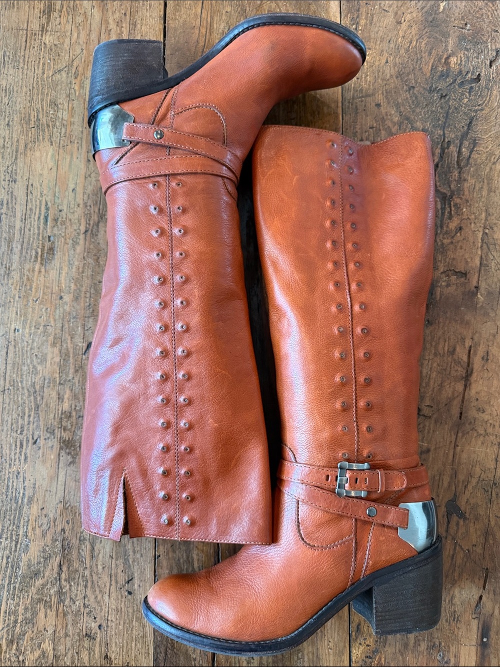 Donald Pliner Pumpkin Brown Studded Leather Vintage Bara Boots Size 8